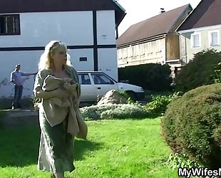 Granny rides her son-in-law schlong outdoor
